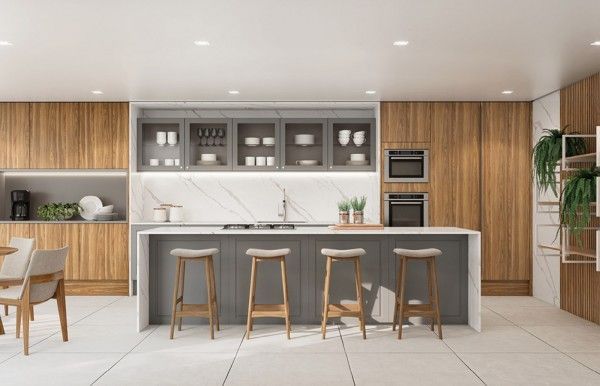 Impresión artística de una cocina moderna con armarios y taburetes de madera.