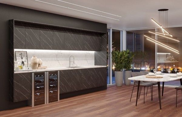 Una impresión artística de una cocina y un comedor.