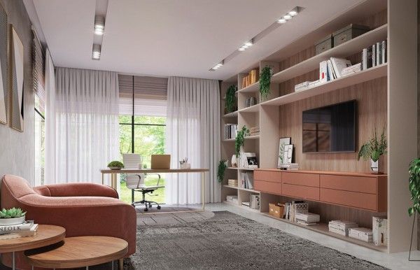 Una sala de estar con sofá, escritorio, televisión y estanterías.