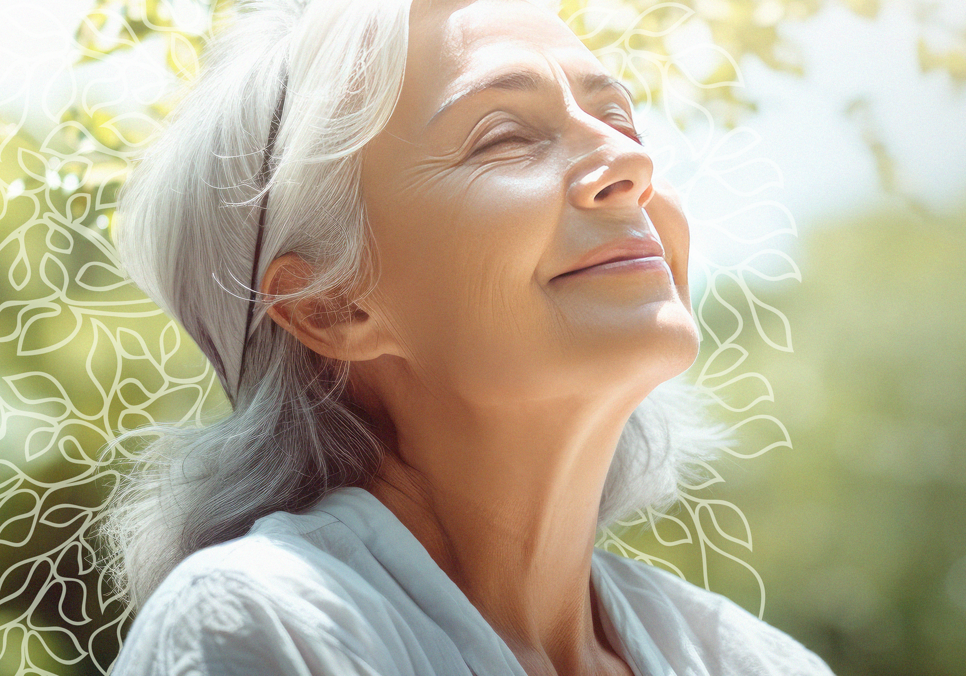 Uma mulher mais velha com cabelos grisalhos está sorrindo com os olhos fechados.