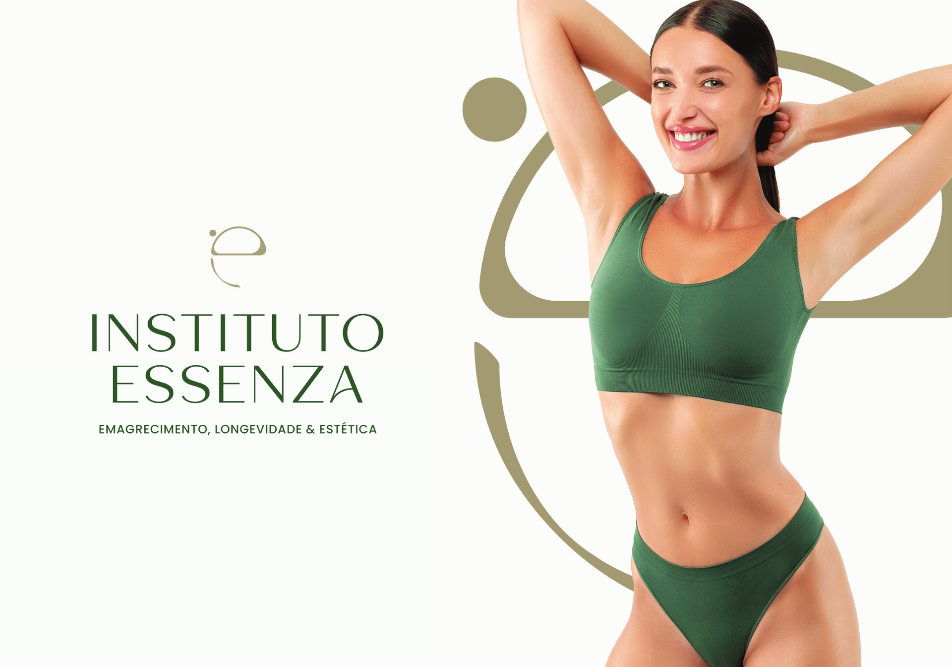 Promotional banner for Instituto Essenza with a smiling woman in green activewear on a white background