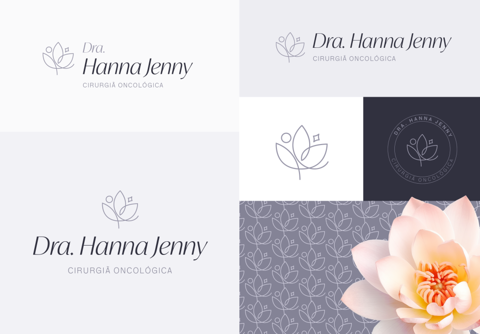 Um logotipo para uma médica chamada dra. Hanna Jenny com uma flor de lótus ao fundo.
