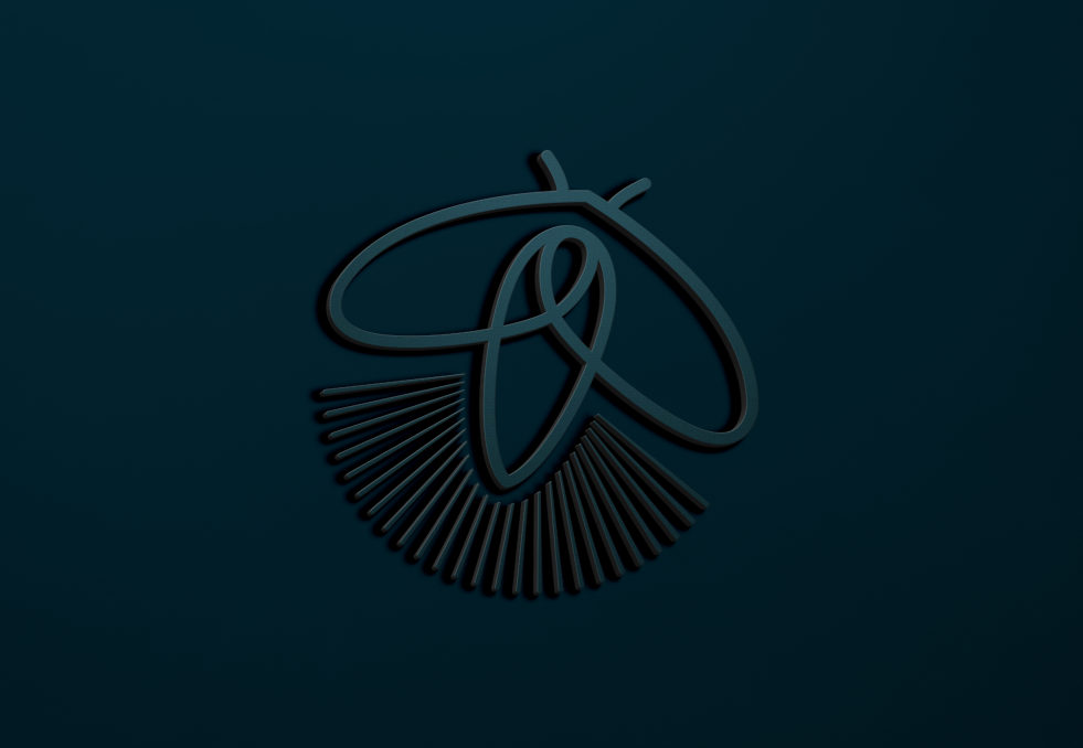 Um logotipo de uma mariposa com um leque em um fundo azul escuro.
