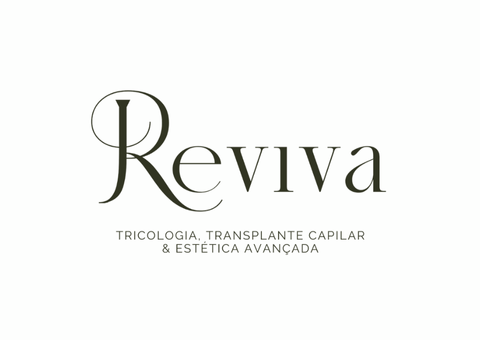 Logotipo da Reviva: Uma clínica de restauração capilar com fonte elegante e serviços listados abaixo.