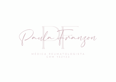 Logotipo: Paula Franzon em letra cursiva elegante, com título médico. Tons suaves de rosa sobre fundo branco.