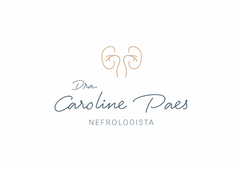 Logotipo da Dra. Caroline Paes, nefrologista, com rins estilizados em dourado acima do seu nome em fonte cursiva.