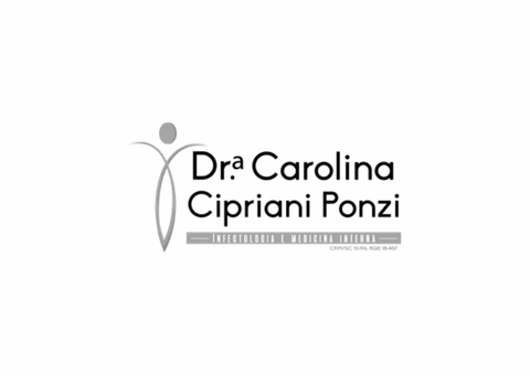 Logotipo da Dra. Carolina Cipriani Ponzi, apresentando uma pessoa estilizada com braços estendidos e texto.