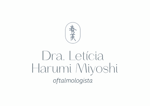 Logotipo: Dra. Letícia Harumi Miyoshi, oftalmologista, com caracteres japoneses e um esquema de cores azul-petróleo sutil.