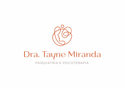 O logotipo da Dra. Tayne Miranda, psiquiatra, apresenta um desenho abstrato e texto em tons quentes de marrom.