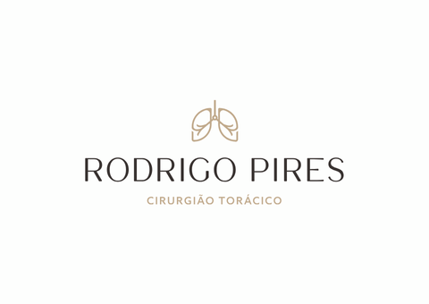 Logotipo: Rodrigo Pires, cirurgião torácico, com símbolo do pulmão em dourado, texto em cinza escuro sobre branco.