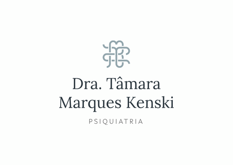 Logotipo da Dra. Tâmara Marques Kenski, psiquiatra. Cinza, iniciais e nome entrelaçados sobre fundo branco.