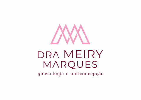 Logotipo da Dra. Meiry Marques, ginecologista. M abstrato rosa com texto: ginecologia e contracepção.