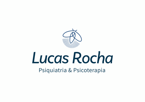 Logotipo da Lucas Rocha, Psiquiatria e Psicoterapia, com uma mariposa e texto em azul.