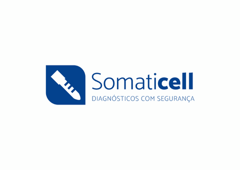 Logo for Somaticell. Blue square with medical instrument. Text 