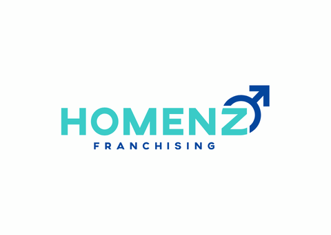 Logotipo da HomenZ Franchising, texto azul-petróleo com um símbolo masculino estilizado em azul.