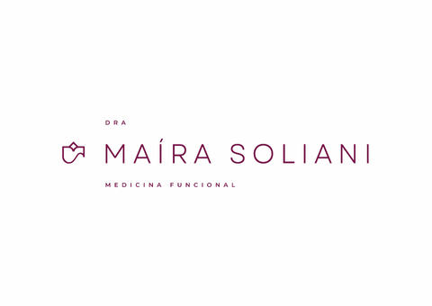 Logotipo: Dra. Maíra Soliani, especialista em medicina funcional; texto roxo e ícone de flor.