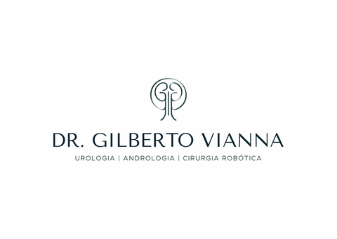 Logotipo: Dr. Gilberto Vianna, urologia, andrologia, cirurgia robótica. Texto verde-escuro, emblema de árvore estilizada.