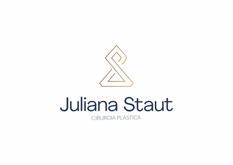 Logotipo da Juliana Staut, cirurgia plástica. Símbolo abstrato com contorno dourado sobre texto azul-marinho.