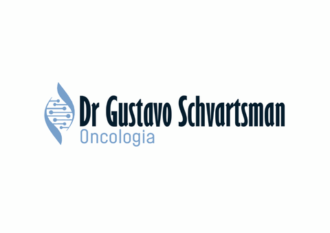Logotipo do Dr. Gustavo Schwartsman, oncologista, com uma fita de DNA estilizada e texto.