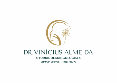 Logo for Dr. Vinícius Almeida, an otorhinolaryngologist, featuring a head profile and dandelion.