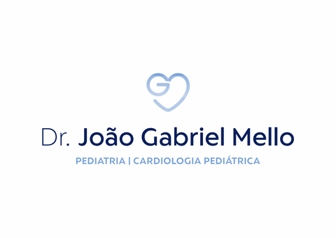 Logotipo do Dr. João Gabriel Mello, pediatra. Ícone de coração azul com 