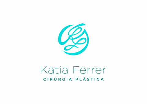 Logotipo para Katia Ferrer, cirurgia plástica. Iniciais em azul-petróleo dentro de um oval azul-petróleo