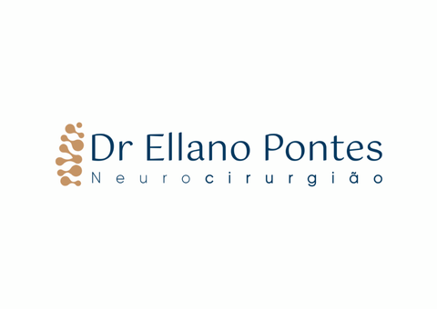 Logotipo do Dr. Ellano Pontes, neurocirurgião. Inclui um ícone de coluna vertebral e texto em azul e marrom.
