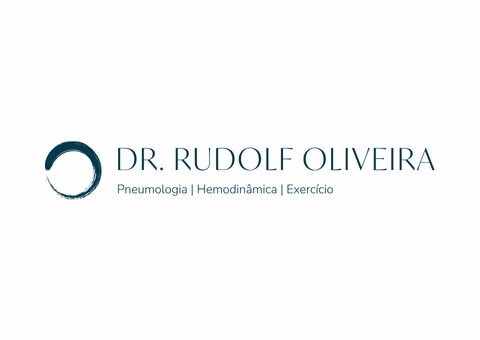 Logo for Dr. Rudolf Oliveira. Dark teal circle design. Texto: Dr. Rudolf Oliveira Pneumologia | Hemodinâmica | Exercício.