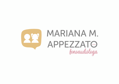 Logotipo da fonoaudióloga Mariana M. Appezzato. Apresenta silhuetas de crianças em um balão de fala com texto.
