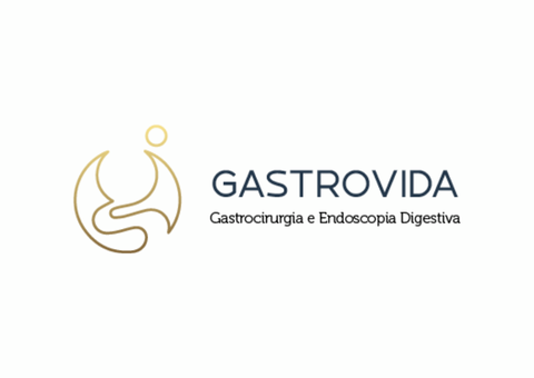 Logotipo da GastroVida, uma clínica de saúde digestiva; figura abstrata estilizada dourada e texto em azul-marinho.