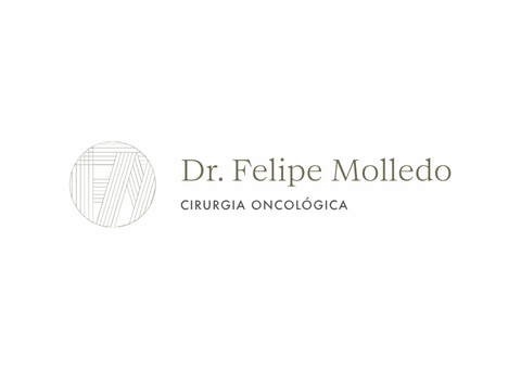 Logotipo: Dr. Felipe Molledo, Cirurgia Oncológica. Emblema circular com linhas, texto em verde-claro.