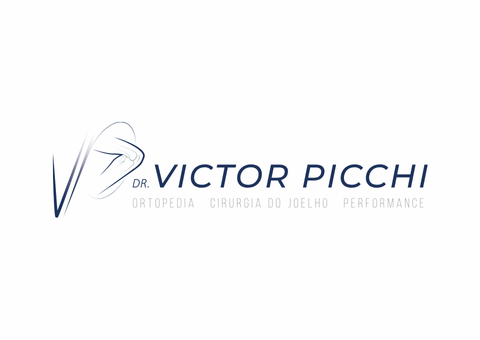 Logotipo do Dr. Victor Picchi, cirurgião ortopédico. Apresenta contorno estilizado do joelho e texto em azul e preto.