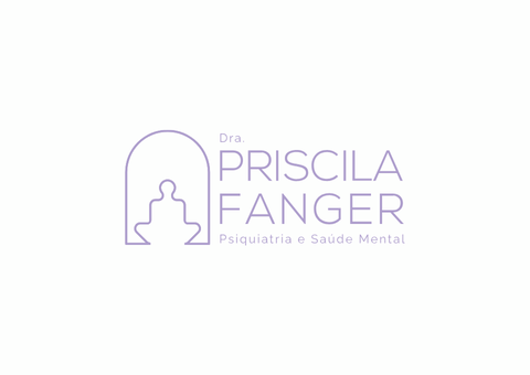 Logotipo da Dra. Priscila Fanger, Psiquiatria e Saúde Mental. Apresenta o contorno roxo de uma pessoa meditando sob um arco.
