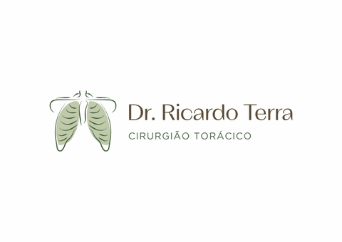 Logotipo do Dr. Ricardo Terra, cirurgião torácico, com uma ilustração estilizada de pulmões em verde oliva.