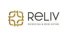 A black and gold logo for reliv medicina & bem estar