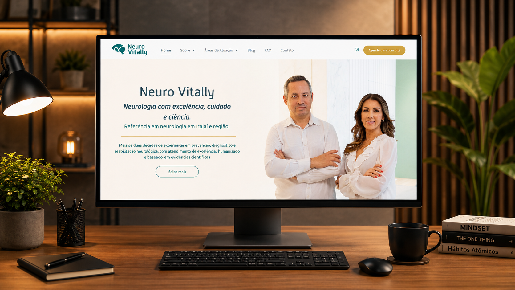 Website homepage displayed on a desktop monitor in a warm-lit office, with two people pictured beside the text.