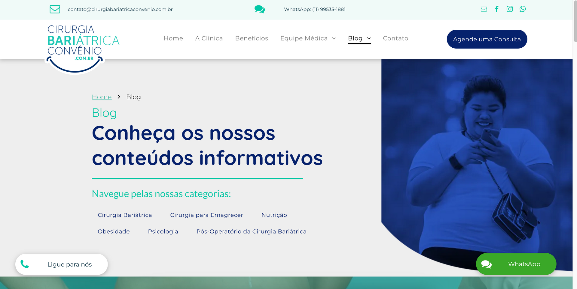 Uma captura de tela de um site com uma mulher falando ao celular.