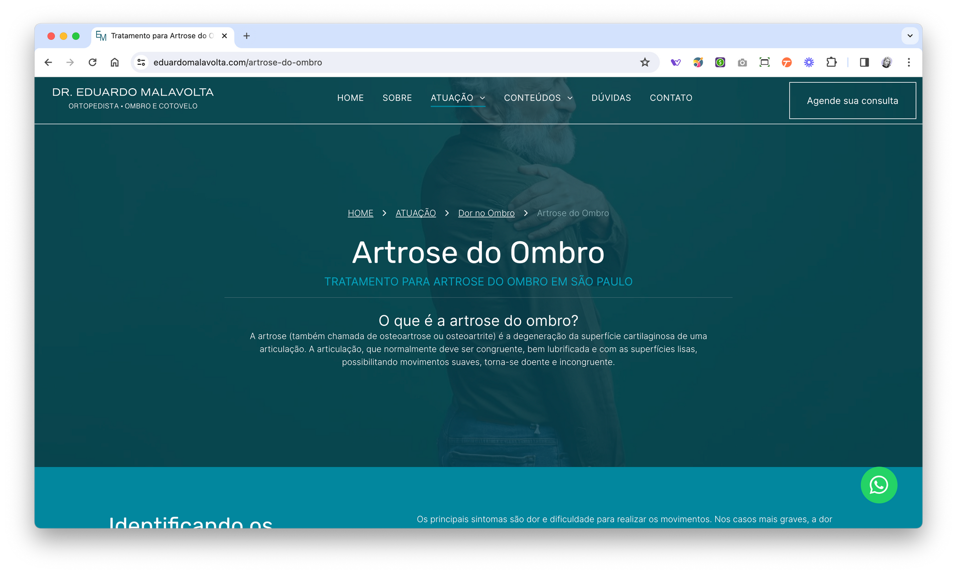 Uma tela de computador mostra um site chamado artrose do ombro