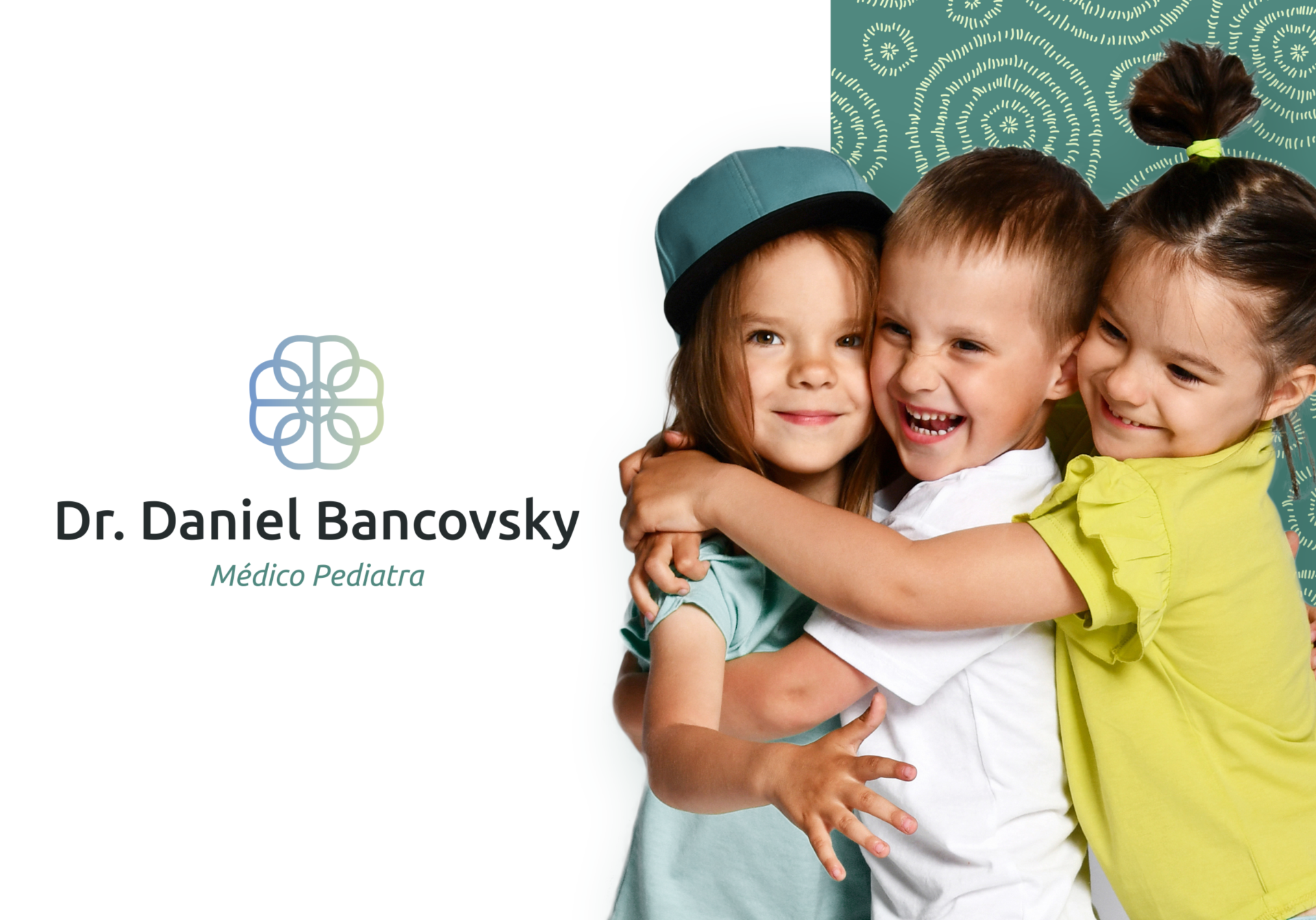 Logo do Dr. Daniel Bancovksy ao lado de imagem com crianças se abraçando, com o pattern da marca.