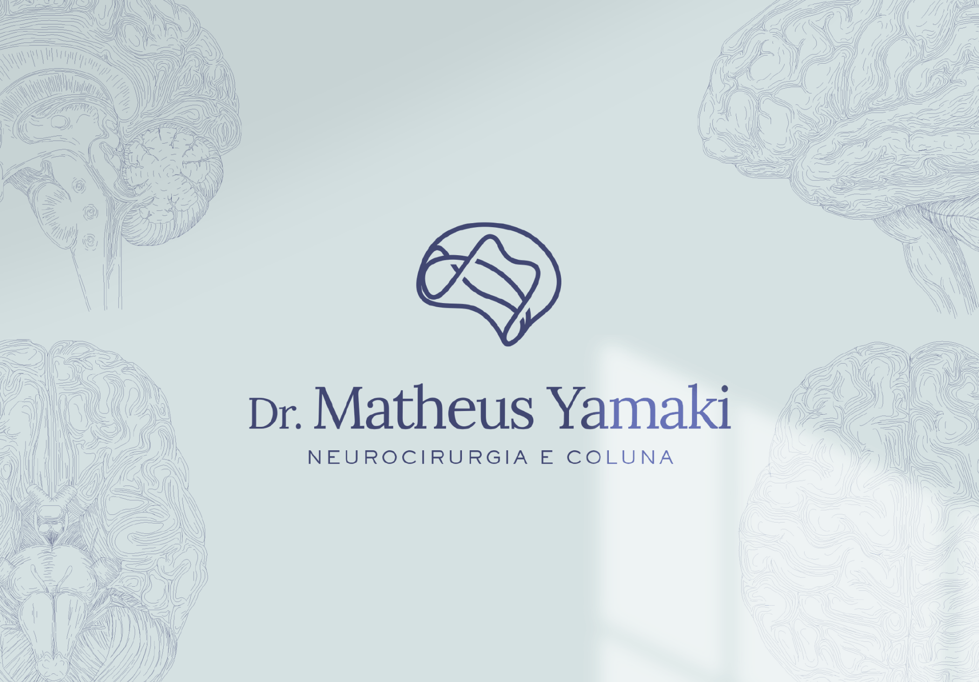 Logotipo do Dr. Matheus Yamaki aplicado em fundo com ilustrações de cérebro e iluminação de janela.