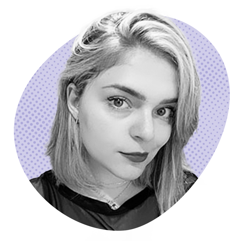 Mulher com cabelos loiros e batom escuro em um oval roxo com um padrão de meio-tom.