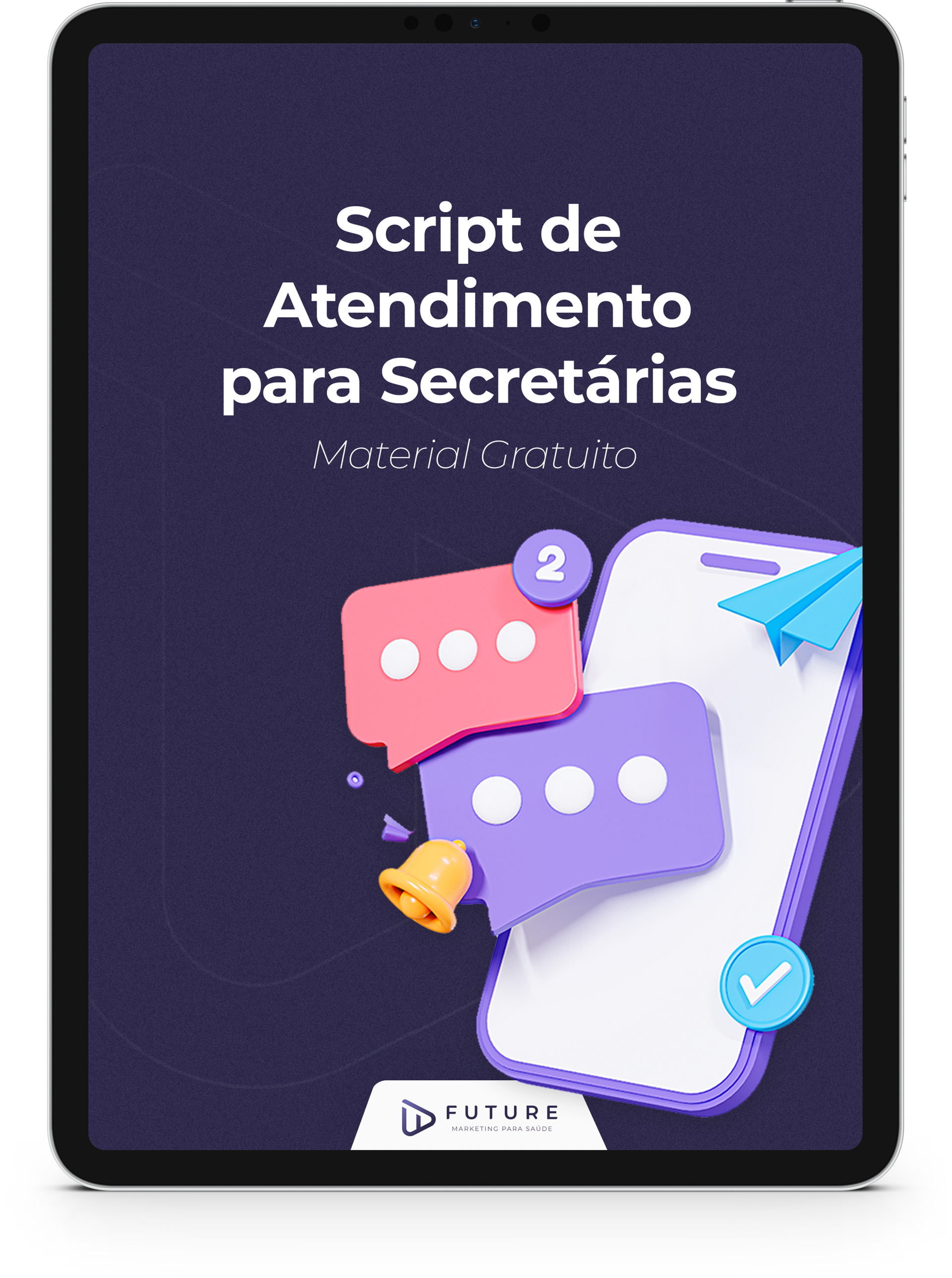Um tablet com uma tela que diz script de atendimento para secretarias.