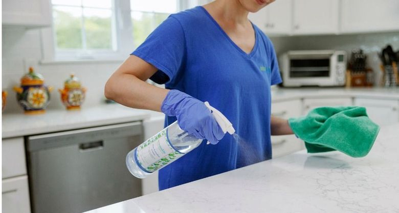 A woman is cleaning a kitchen counter with a spray bottle.