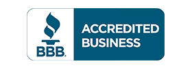 A blue and white badge that says accredited business