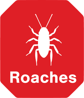 A red sign that says roaches on it