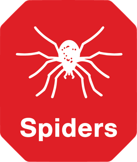 A red sign with a white spider and the word spiders