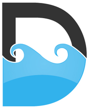 The letter d is surrounded by blue waves on a white background.