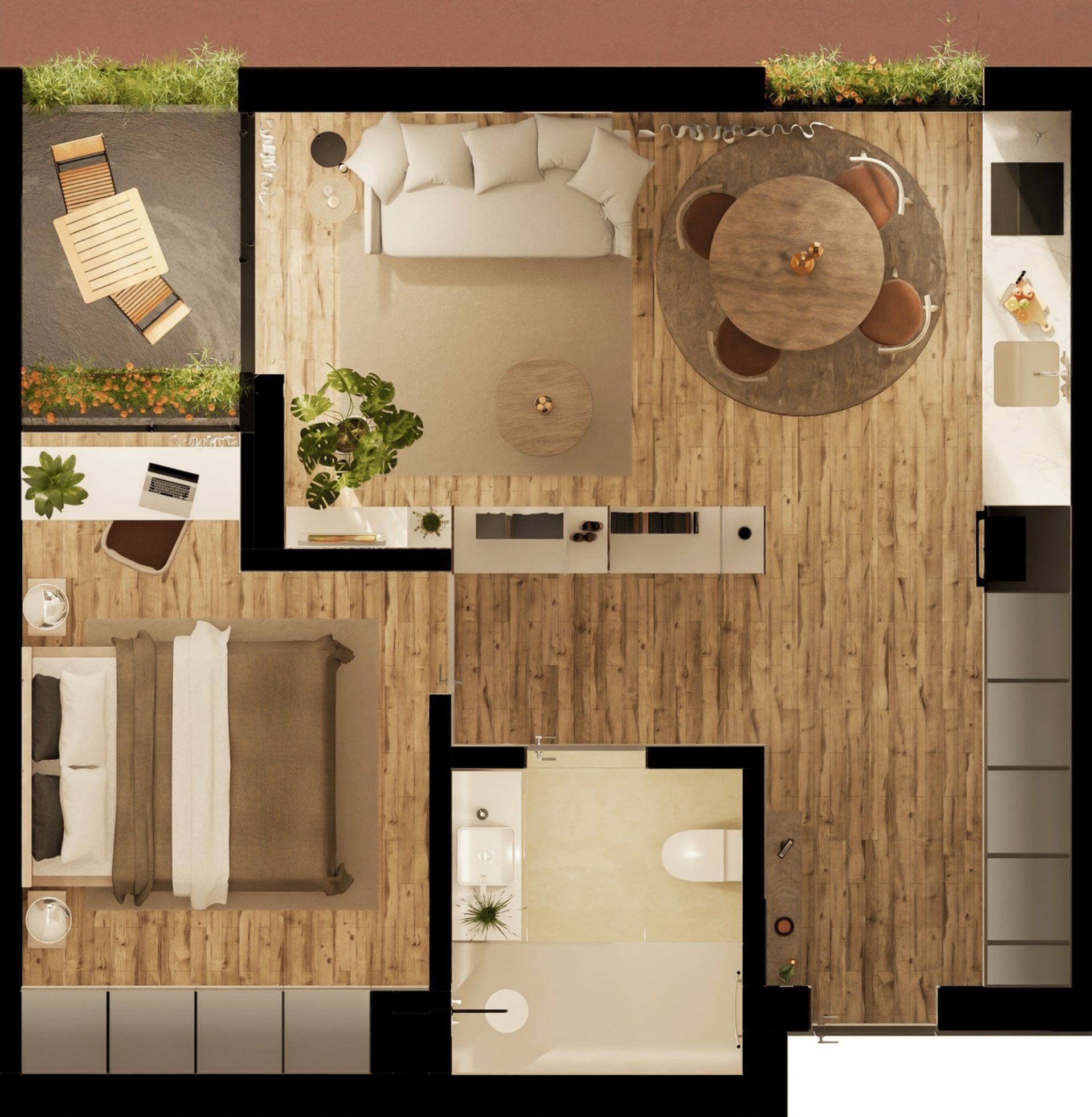 Planta baixa de apartamento com um quarto, sala de estar, cozinha pequena e banheiro. Mesas ao ar livre à esquerda.