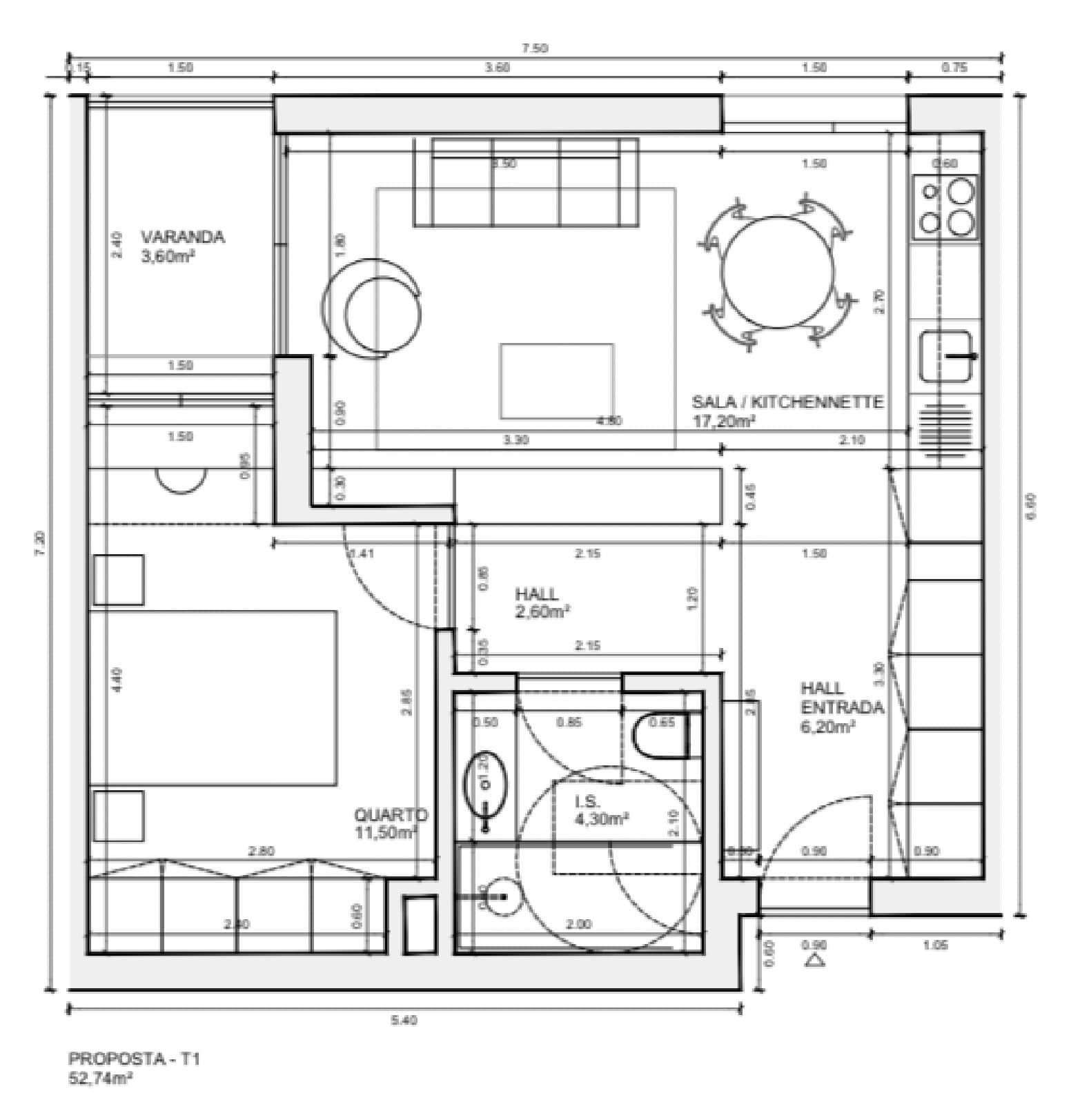 Planta baixa de apartamento, identificada com dimensões. Inclui quarto, banheiro, sala de estar, cozinha compacta e varanda.