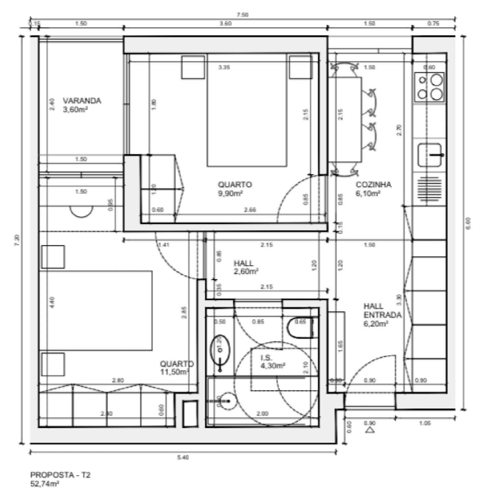 Planta baixa de apartamento, mostrando layout dos cômodos, incluindo quartos, cozinha, banheiro e varanda com medidas.